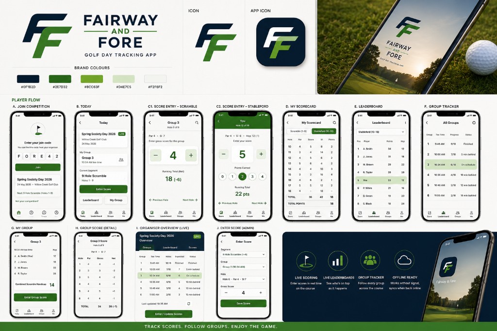 Fairway and Fore app screens — join, score entry, leaderboard, and group tracker